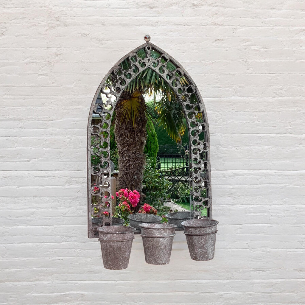 78CM RUSTY WALL MIRROR WITH TRIPLE PLANTER