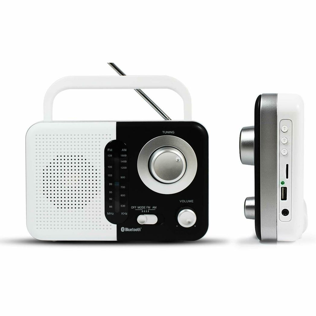 Black and white Soundz AM/FM Bluetooth radio with USB port and SD card slot, showcasing the sleek design and controls.