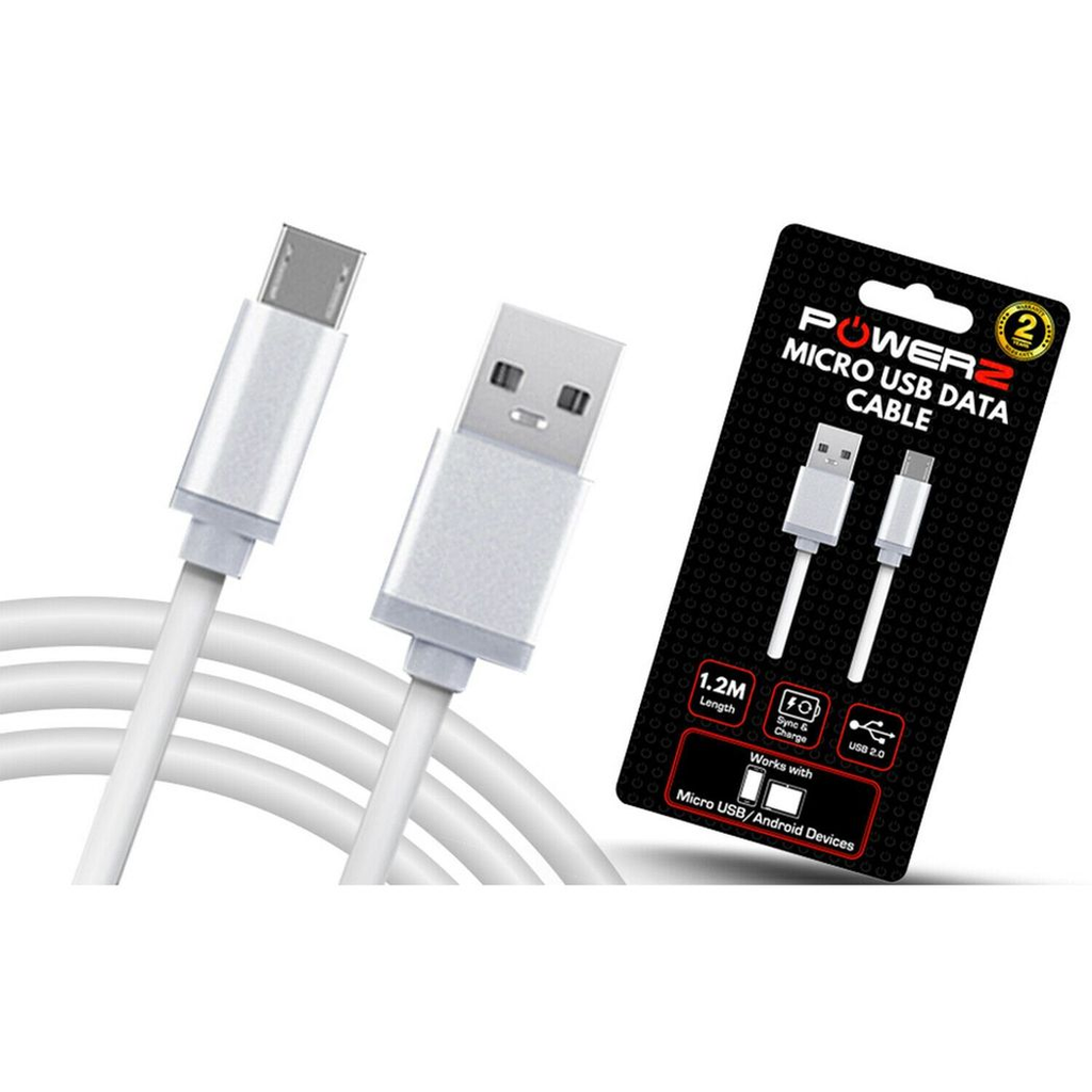 White USB data charger cable for Micro USB by Aquarius, 1.2m long, ideal for syncing and charging devices.