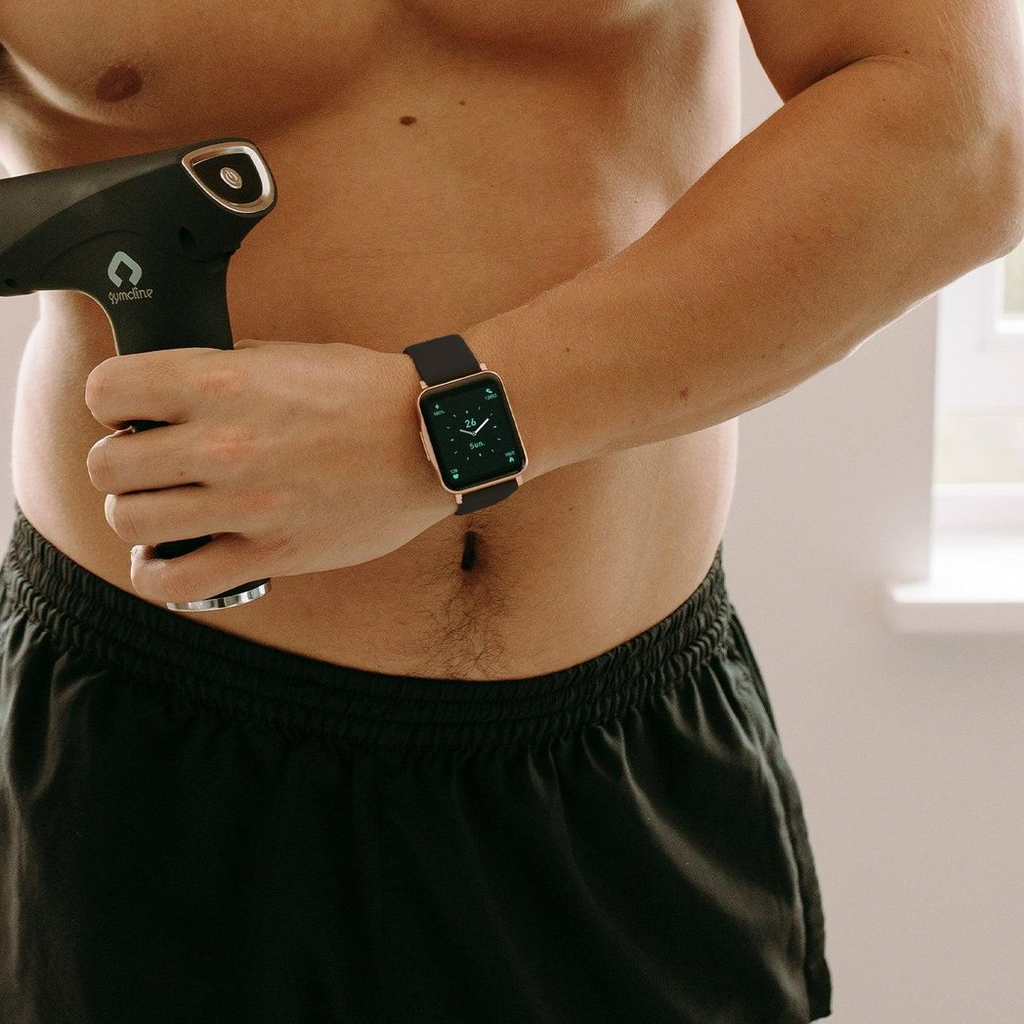 Black Gymcline Fitness Tracker displaying 25 sports modes and IP68 water protection features on a sleek interface.