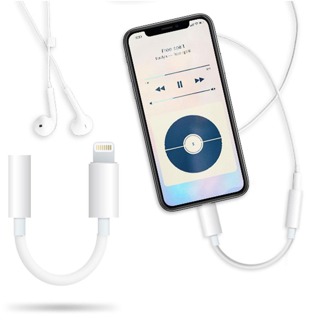 White FX Lightning to 3.5mm earphone converter adapter with premium sound detail visible in the image.