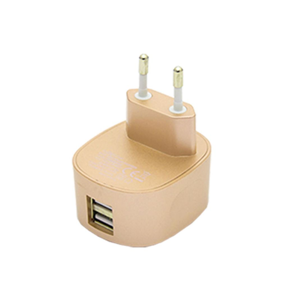 FX TechHub dual USB mains charger with EU plug, 2.4 AMP capacity, multicoloured design and gold finish.