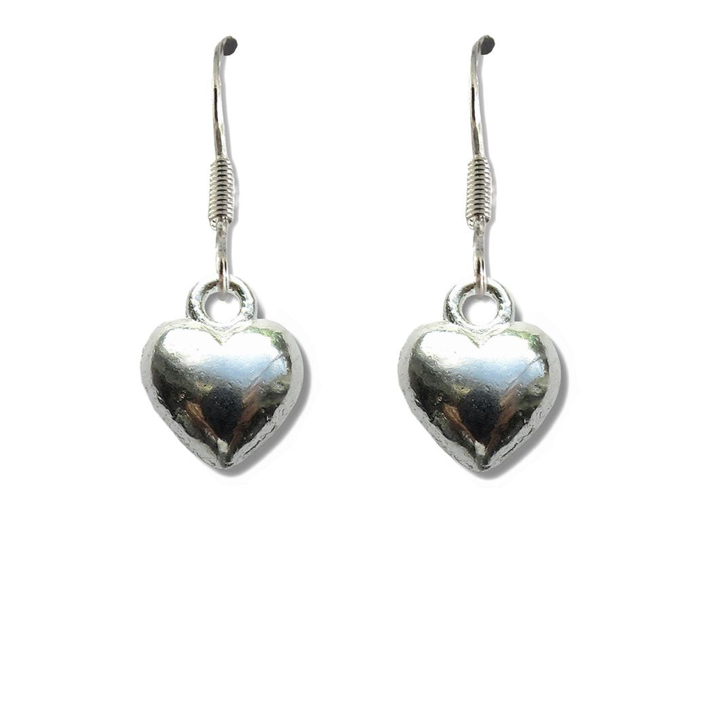 Silver Puff Heart Drop Earrings - Sterling Silver Plated - Nickel Free