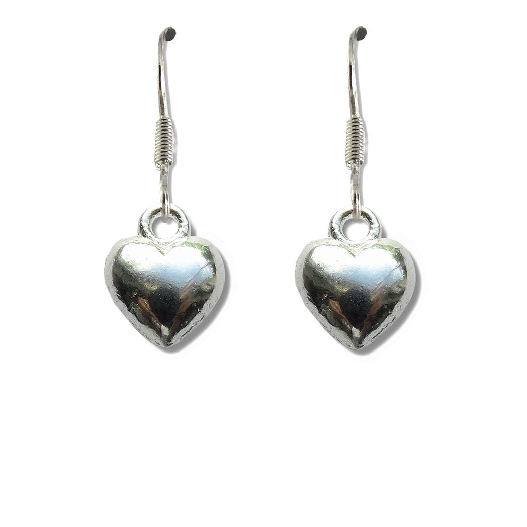 Silver Puff Heart Drop Earrings - Sterling Silver Plated - Nickel Free