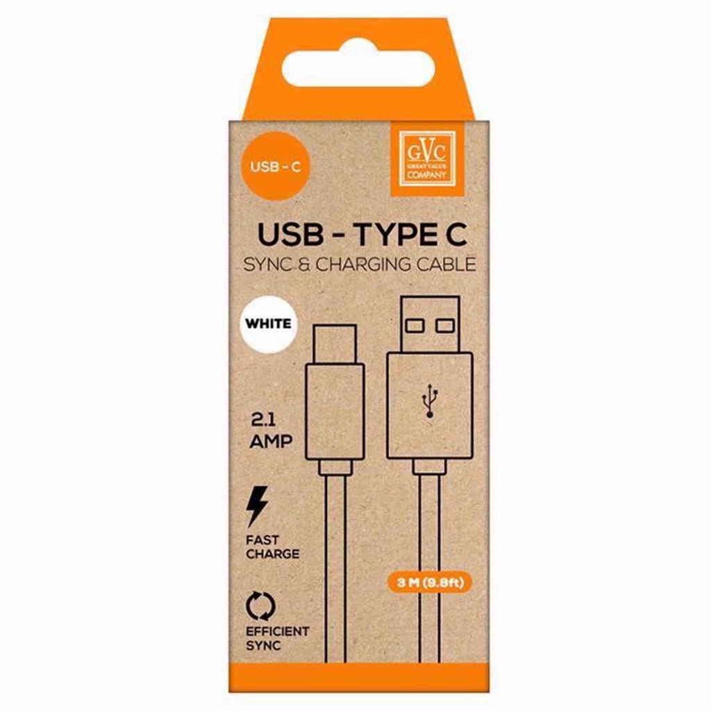 GVC USB to Type C cable, 3M length, white, ideal for charging and syncing phones, tablets, and PCs.