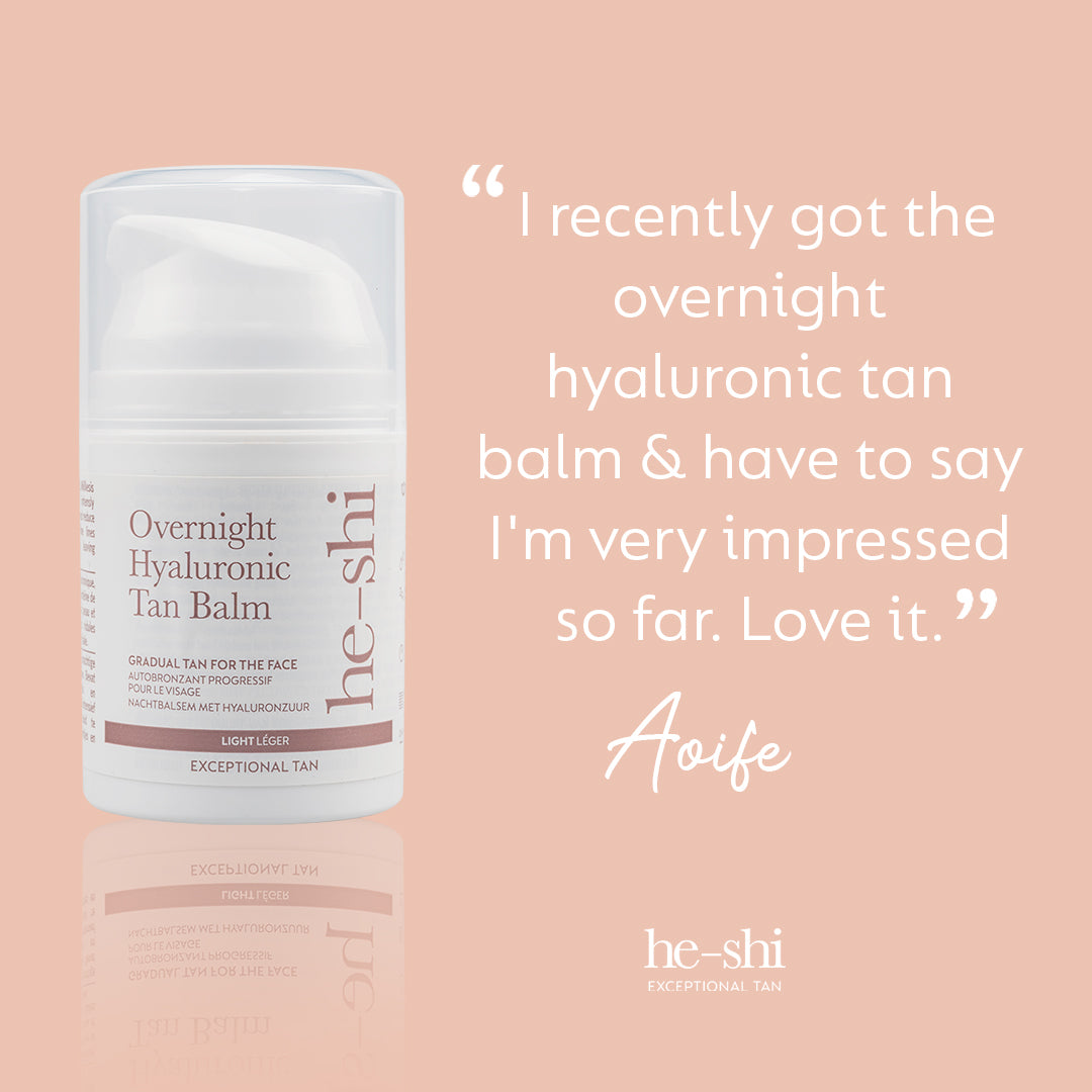 He-Shi Overnight Hyaluronic Self Tan Balm 50ml in a jar, designed for a relaxing facial night tan.