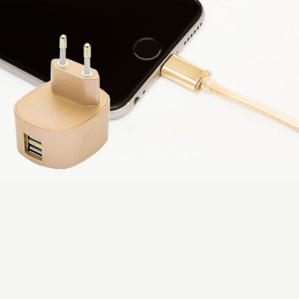 Dual USB mains charger by FX with EU plug, 2.4 AMP output, and multicoloured design featuring a gold finish.