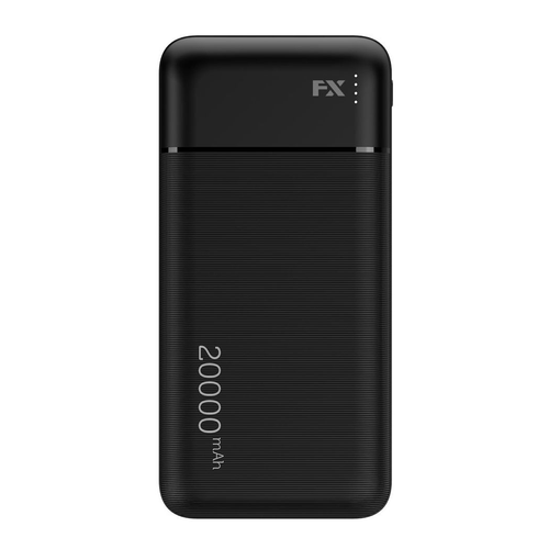 Black FX TechHub 20000 mAh powerbank with Type-C 3A output, showcasing sleek design and multiple charging ports.