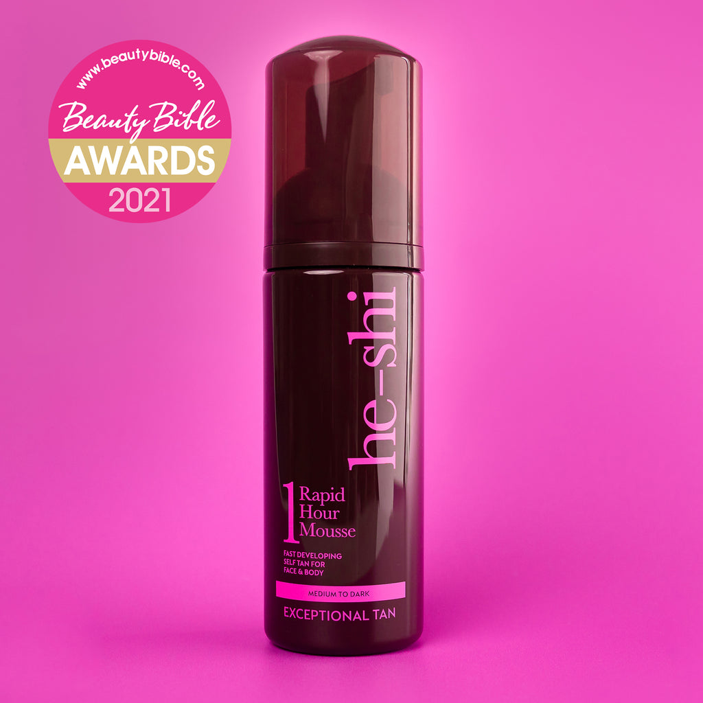 He-Shi Rapid 1 Hour Mousse in medium to dark for a quick dry self-tan, showcasing the bottle with a rich tan color.