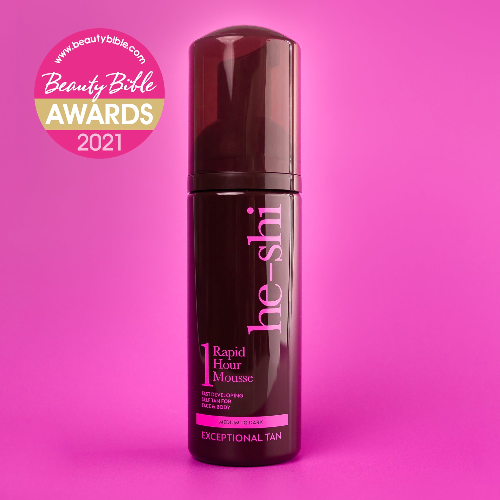 He-Shi Rapid 1 Hour Mousse in medium to dark for a quick dry self-tan, showcasing the bottle with a rich tan color.