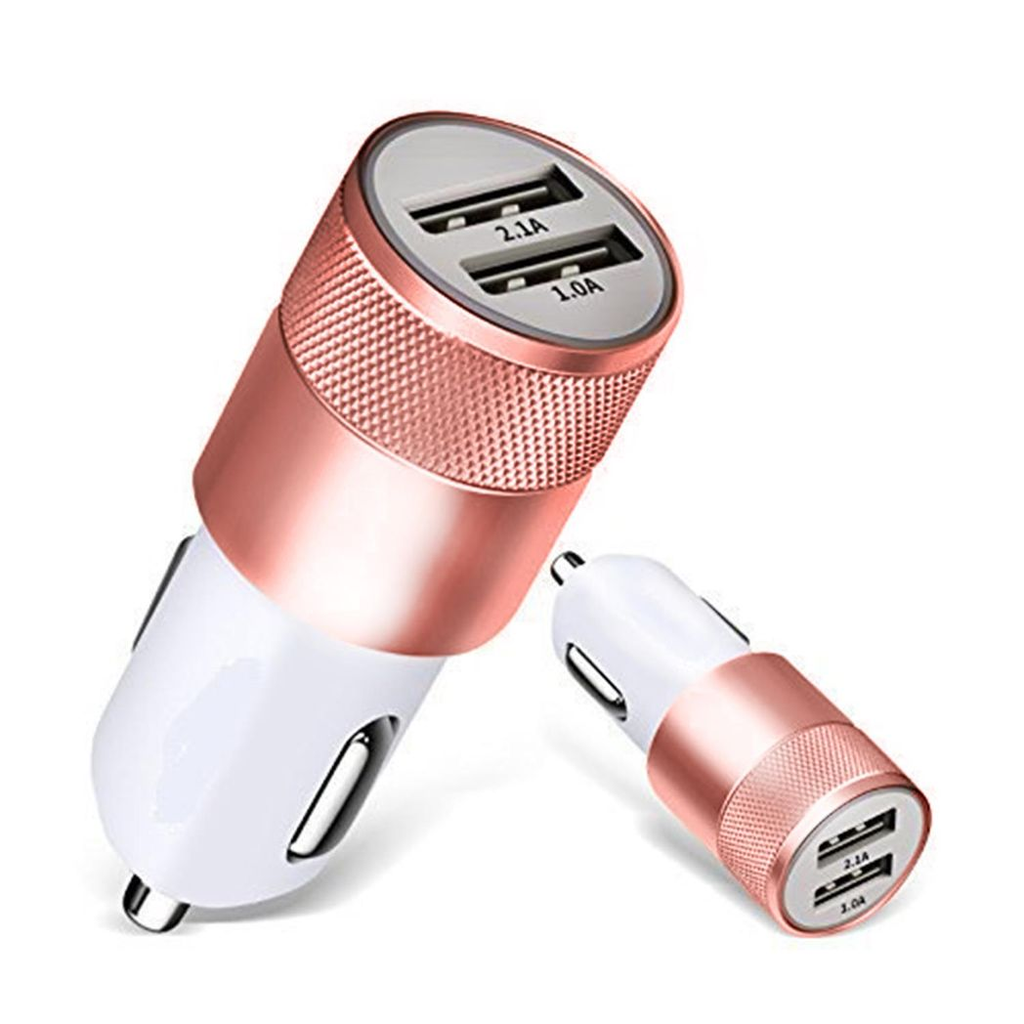 Rose gold FX TechHub car charger with twin USB sockets for fast charging, featuring a sleek design.