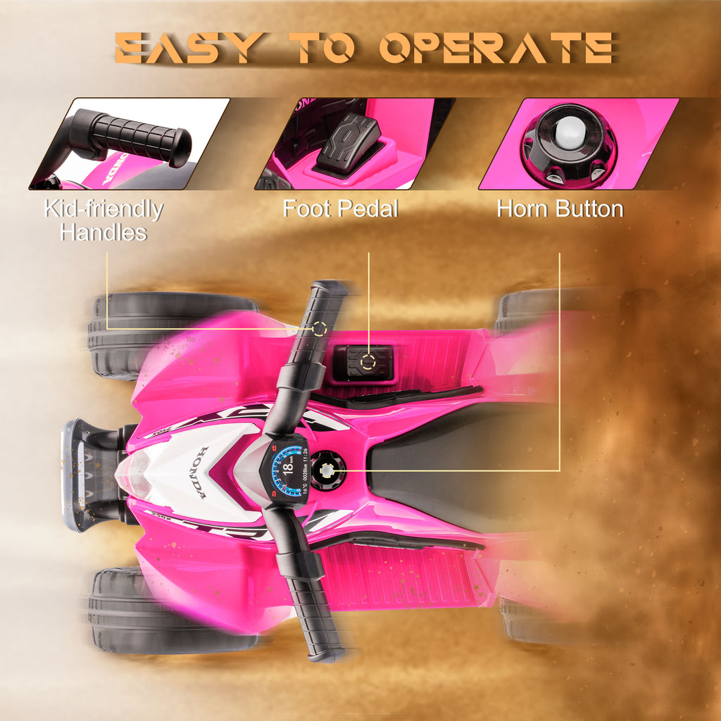 Honda licensed pink kids electric quad bike by HOMCOM for ages 1.5-3 years, featuring a fun ATV design.