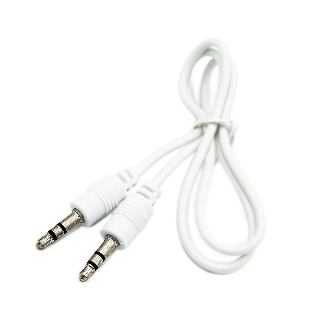 GVC 3.5mm stereo AUX audio cable in white, 1 metre length, showcasing connectors and flexible cable design.