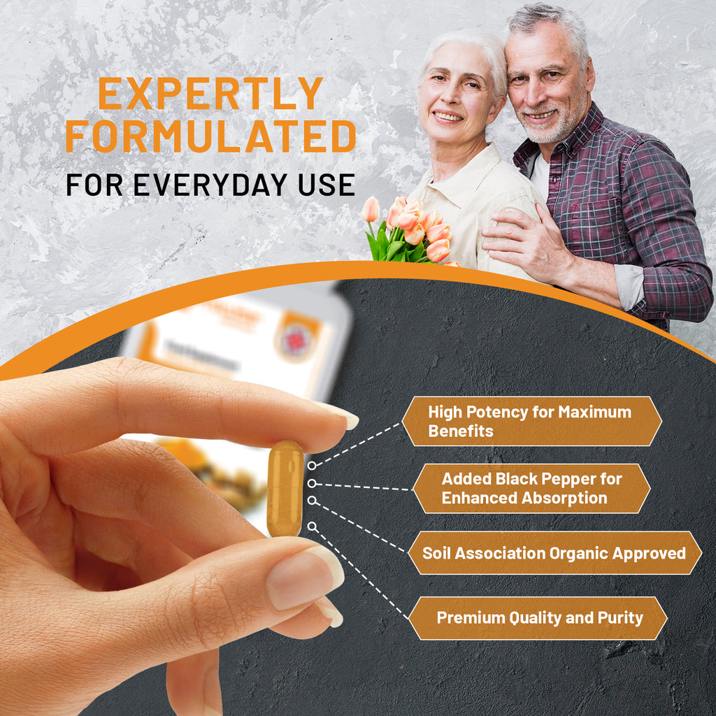 Organic Turmeric Curcumin capsules by Prowise, featuring 720mg with black pepper, in a bottle with 120 vegan capsules.