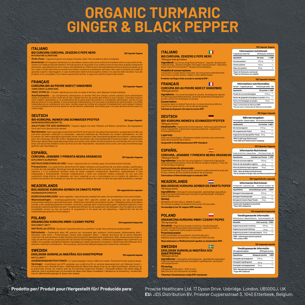 Organic Turmeric Curcumin capsules by Prowise, showcasing 120 vegan capsules with turmeric and black pepper for high strength.