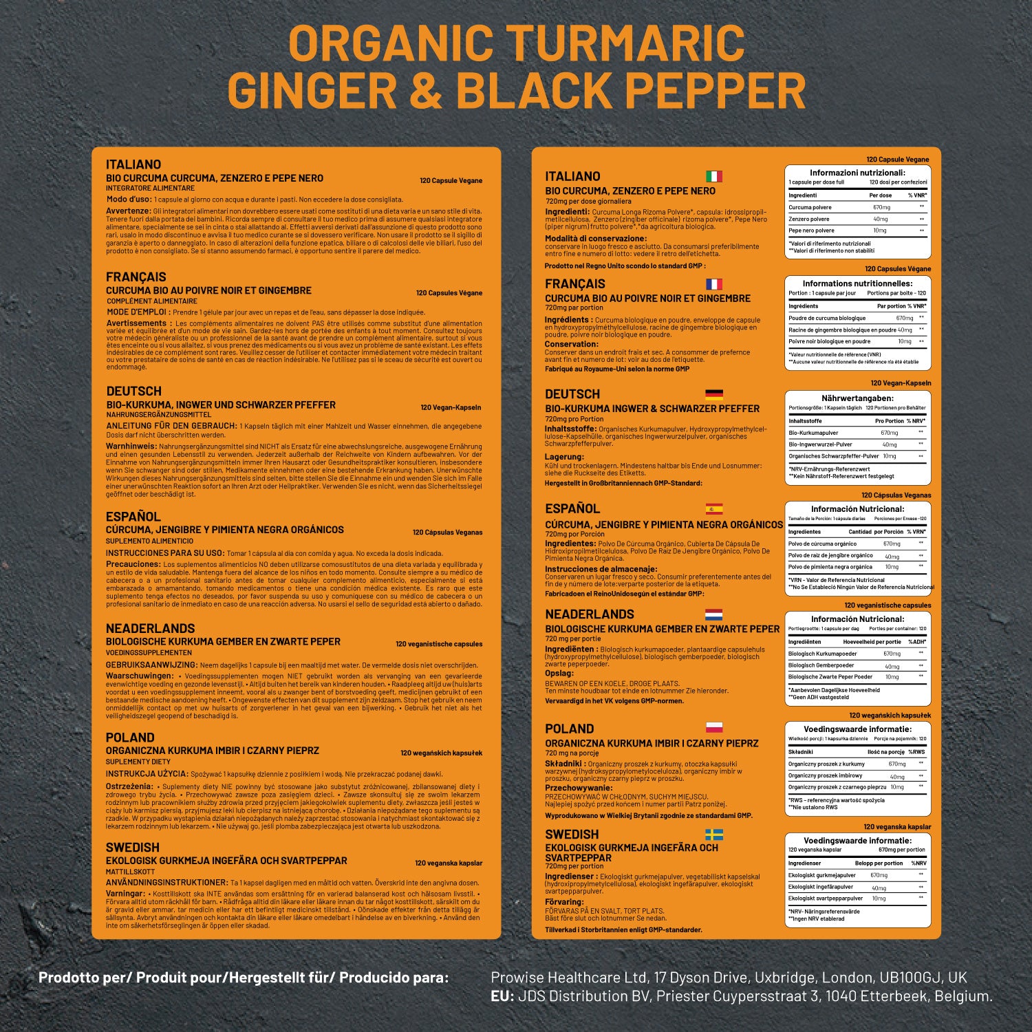 Organic Turmeric Curcumin capsules by Prowise, showcasing 120 vegan capsules with turmeric and black pepper for high strength.