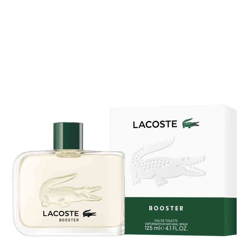 Lacoste Booster Eau De Toilette Spray 125ml in a clear bottle with a vibrant green cap, showcasing its fresh fragrance.