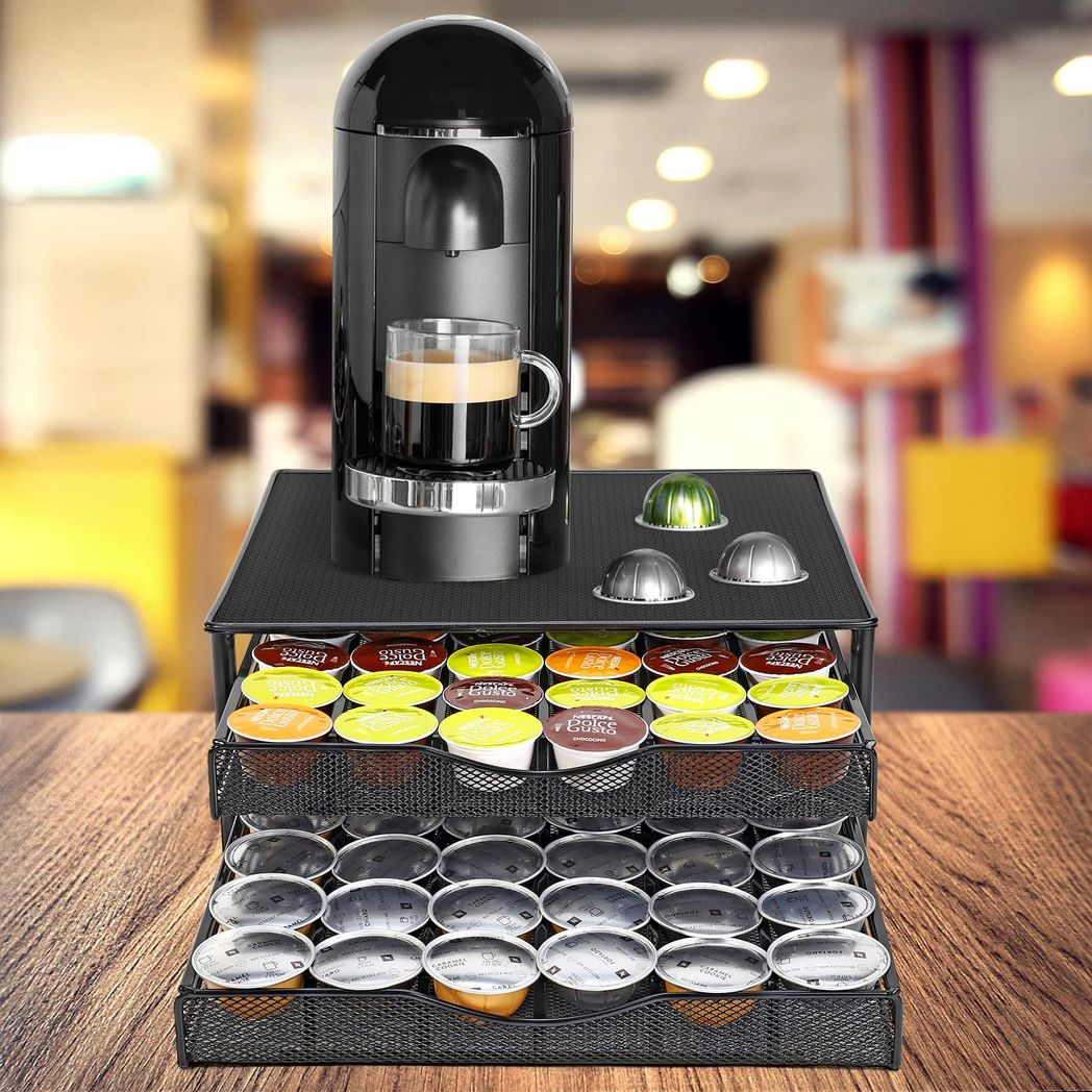 Black Coffee Pod Storage Drawer with double compartments for organized pod storage by HomeCraft.