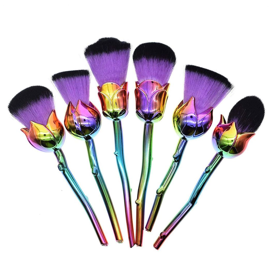 Beauty and the Beast-inspired GlowCare makeup brushes with glossy handles in a vibrant arrangement.