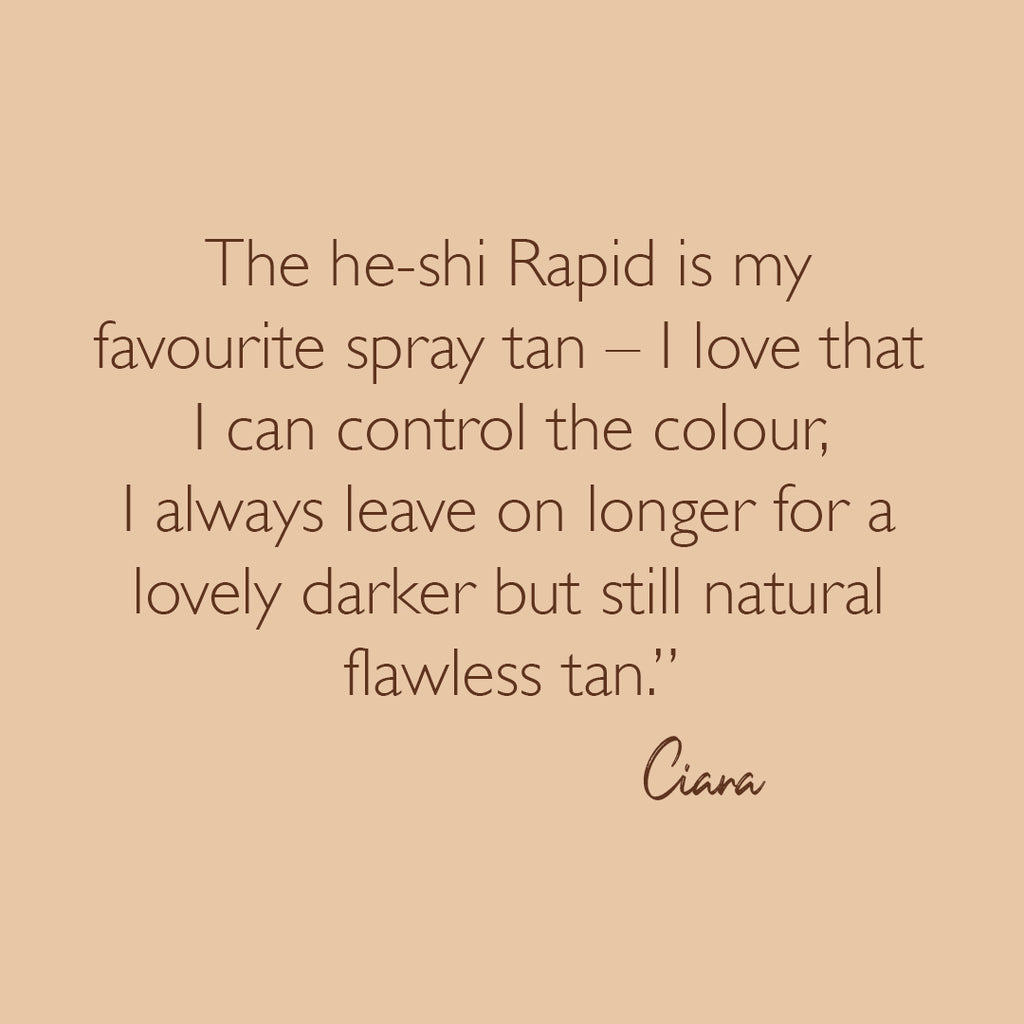 He-Shi Rapid 1 Hour Spray Tan 1L in Medium to Dark shade, showcasing sleek bottle design with no smell feature.