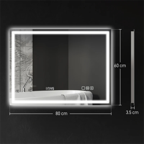 LED Bathroom Mirror with Bluetooth Speaker & Demister - 80x60cm