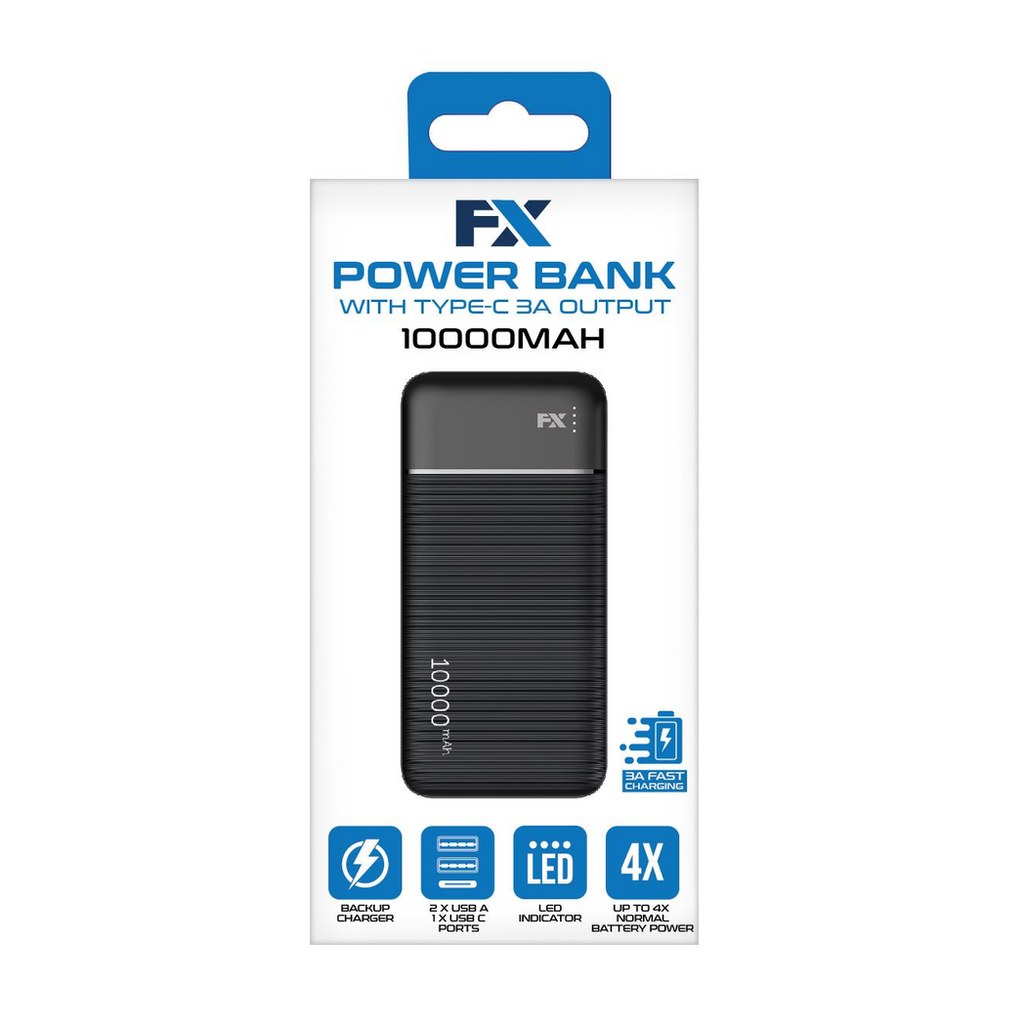 Black FX TechHub 10000 mAh power bank with Type-C 3A output, showcasing its sleek design and portable size.