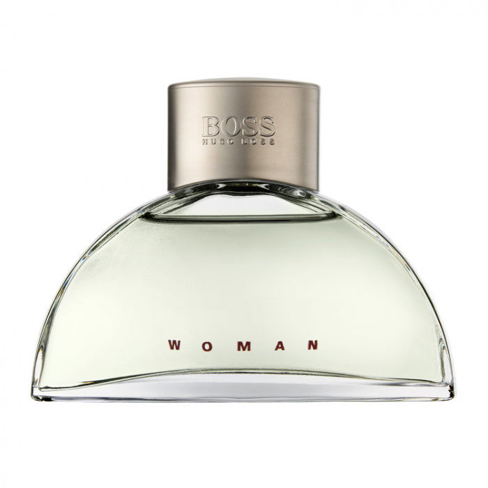 Hugo Boss Boss Woman Eau De Parfum Spray 90ml bottle with a sleek design and floral notes, set against a soft background.