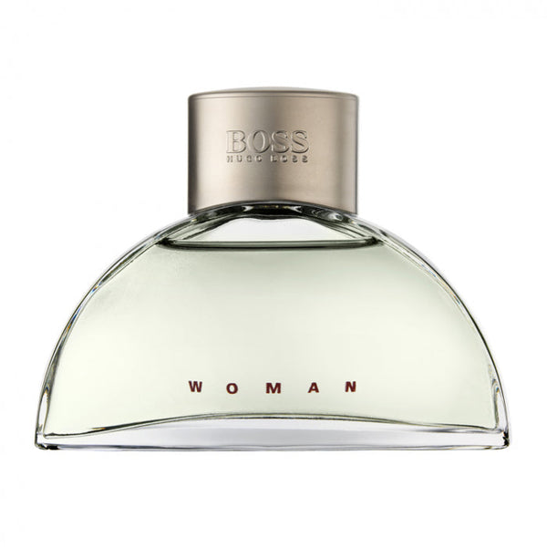 Hugo Boss Boss Woman Eau De Parfum Spray 90ml bottle with a sleek design and floral notes, set against a soft background.