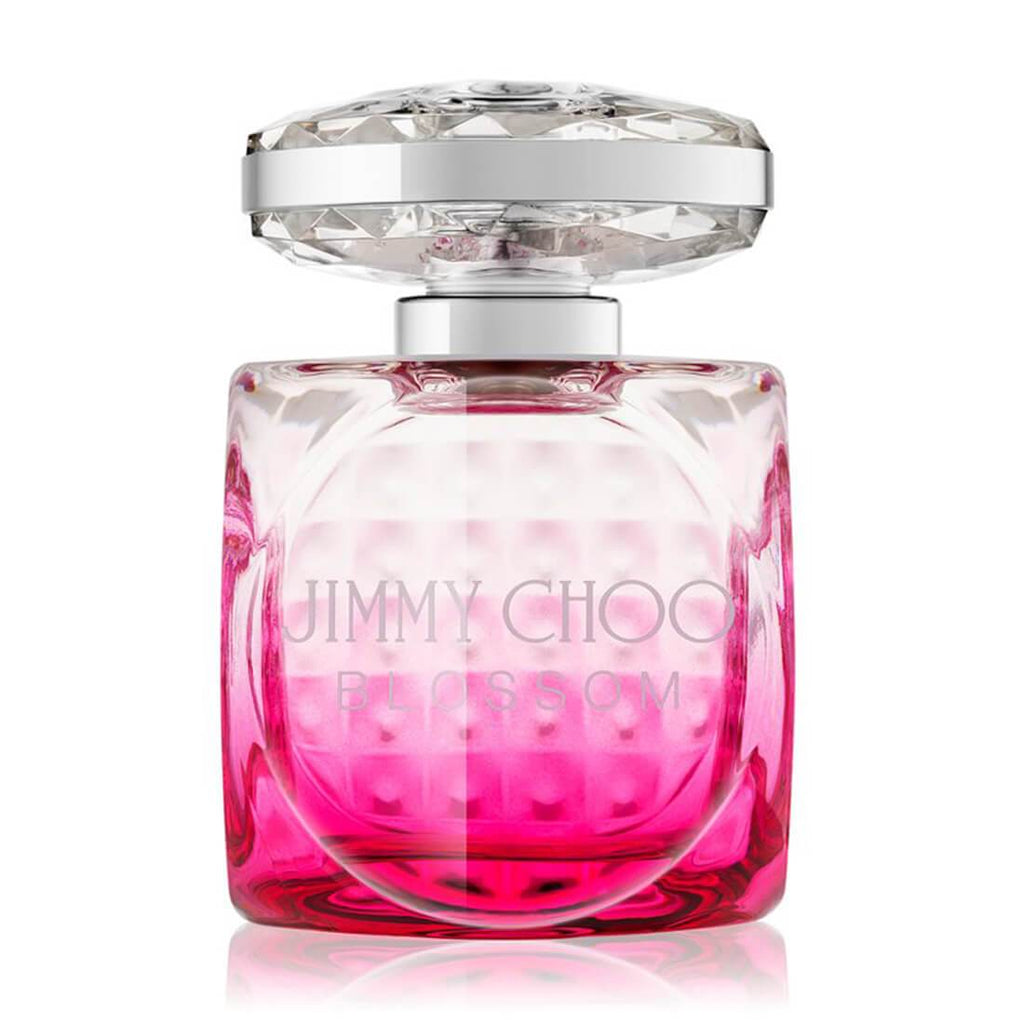 Jimmy Choo Blossom Eau de Parfum Spray 100ml bottle with floral design and pink hues against a soft background.