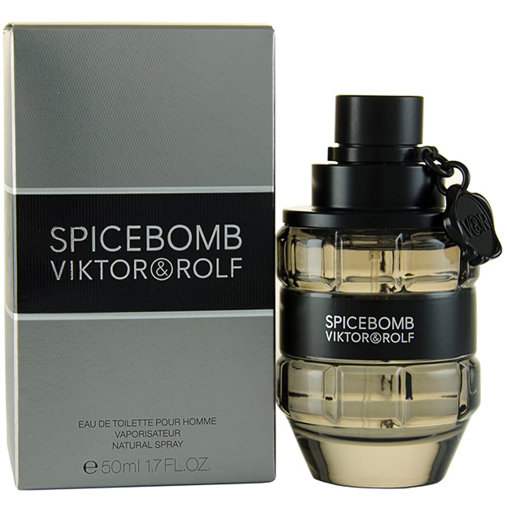 Viktor & Rolf Spicebomb Eau de Toilette Spray 50ml in a sleek bottle with a grenade design, showcasing its bold fragrance.