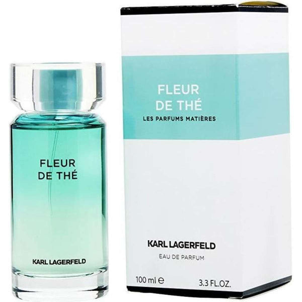 Karl Lagerfeld Fleur De The Eau de Parfum Spray 100ml in an elegant bottle with floral design against a soft background.
