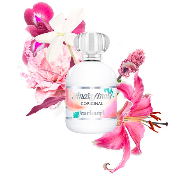Cacharel Anais Anais Eau De Toilette Spray 100ml bottle with floral design against a neutral background.