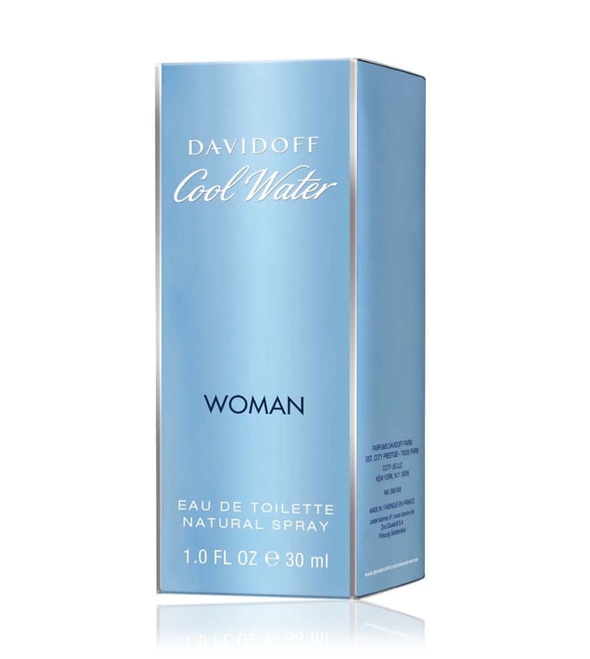 Davidoff Cool Water Woman Eau De Toilette Spray 30ml in a sleek bottle with a refreshing blue hue.