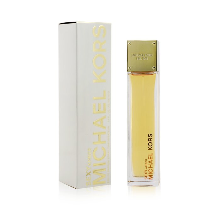Michael Kors Sexy Amber Eau De Parfum Spray 100ml in a sleek bottle with a golden hue, showcasing luxury fragrance design.