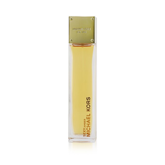 Michael Kors Sexy Amber Eau De Parfum Spray 100ml, featuring a sleek bottle with a golden hue and elegant design.