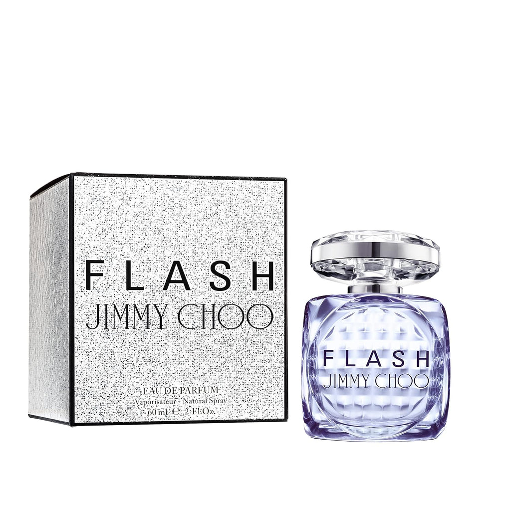 Jimmy Choo Flash Eau De Parfum Spray 60ml in a clear glass bottle with a geometric design and floral accents.
