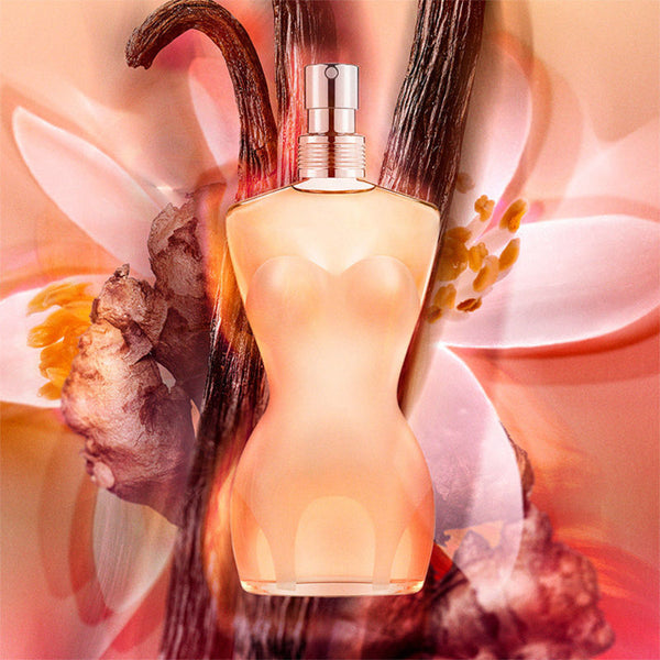 Jean Paul Gaultier Classique Eau De Toilette Spray 50ml in an elegant bottle, showcasing its iconic feminine design.