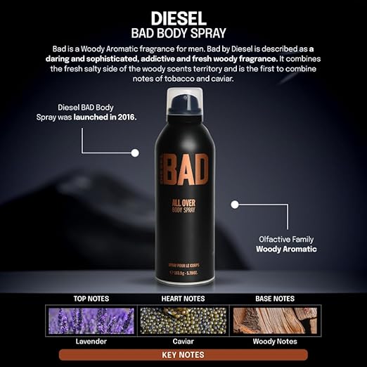 Diesel Bad Body Spray 200ml bottle with a sleek design, showcasing the brand's signature style and fragrance.