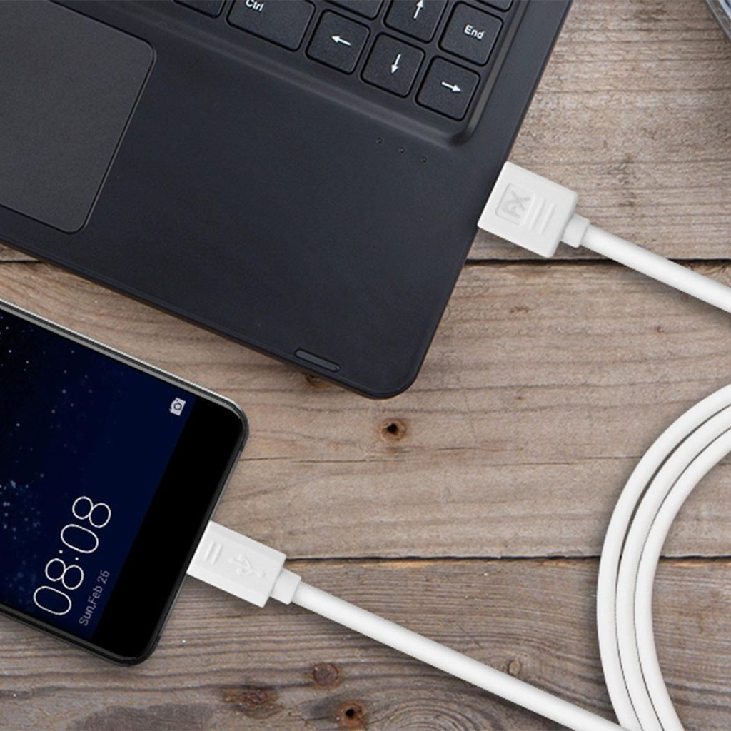 White USB data cable for micro USB devices by FX Factory, used for charging and syncing.
