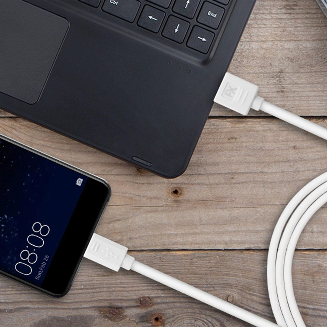 White USB data cable for micro USB devices by FX Factory, used for charging and syncing.