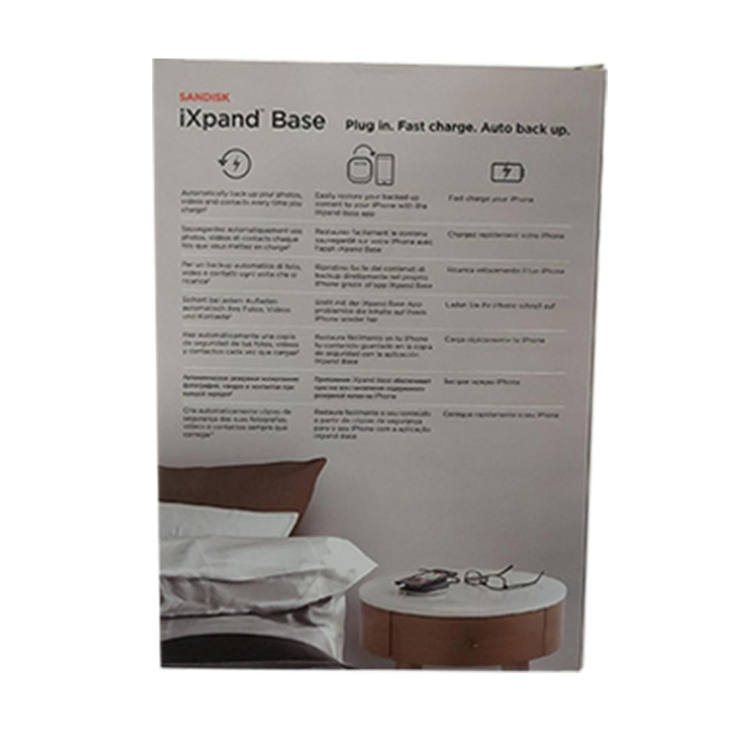 SanDisk iXpand Base for iPhone in black, designed for charging and backup, 32 GB storage capacity.