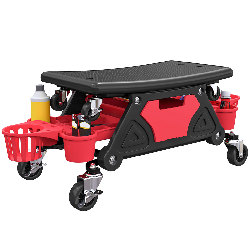 Rolling Mechanic Stool with Detachable Seat & Storage - 135kg Capacity - Red