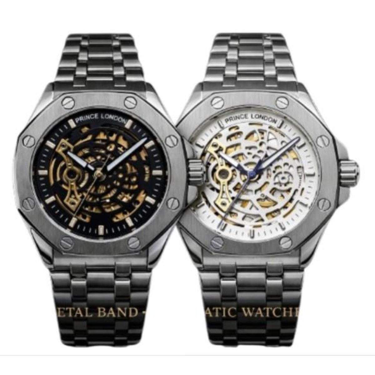 Mens Automatic Metal Hollow mechanical Dial Analogue Metal Bracelet Watch NY London