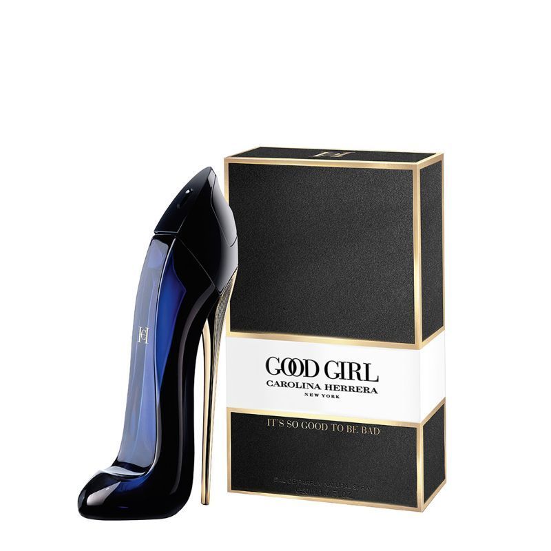 Carolina Herrera Good Girl Eau de Parfum Spray 50ml in a sleek stiletto-shaped bottle with a dark blue and gold design.
