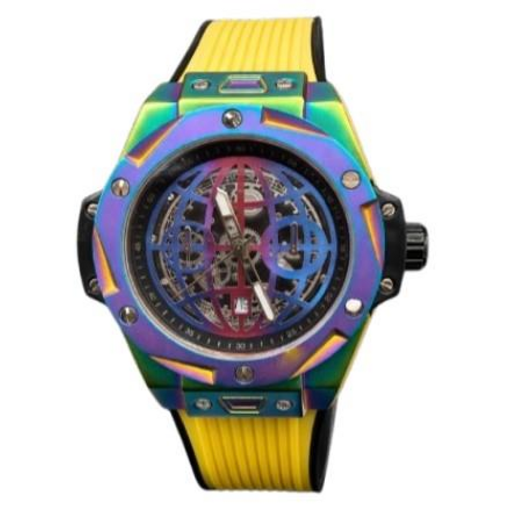 New Rainbow Watch Mens Dated Dial Analogue Yellow Rubber Strap Watch NY London