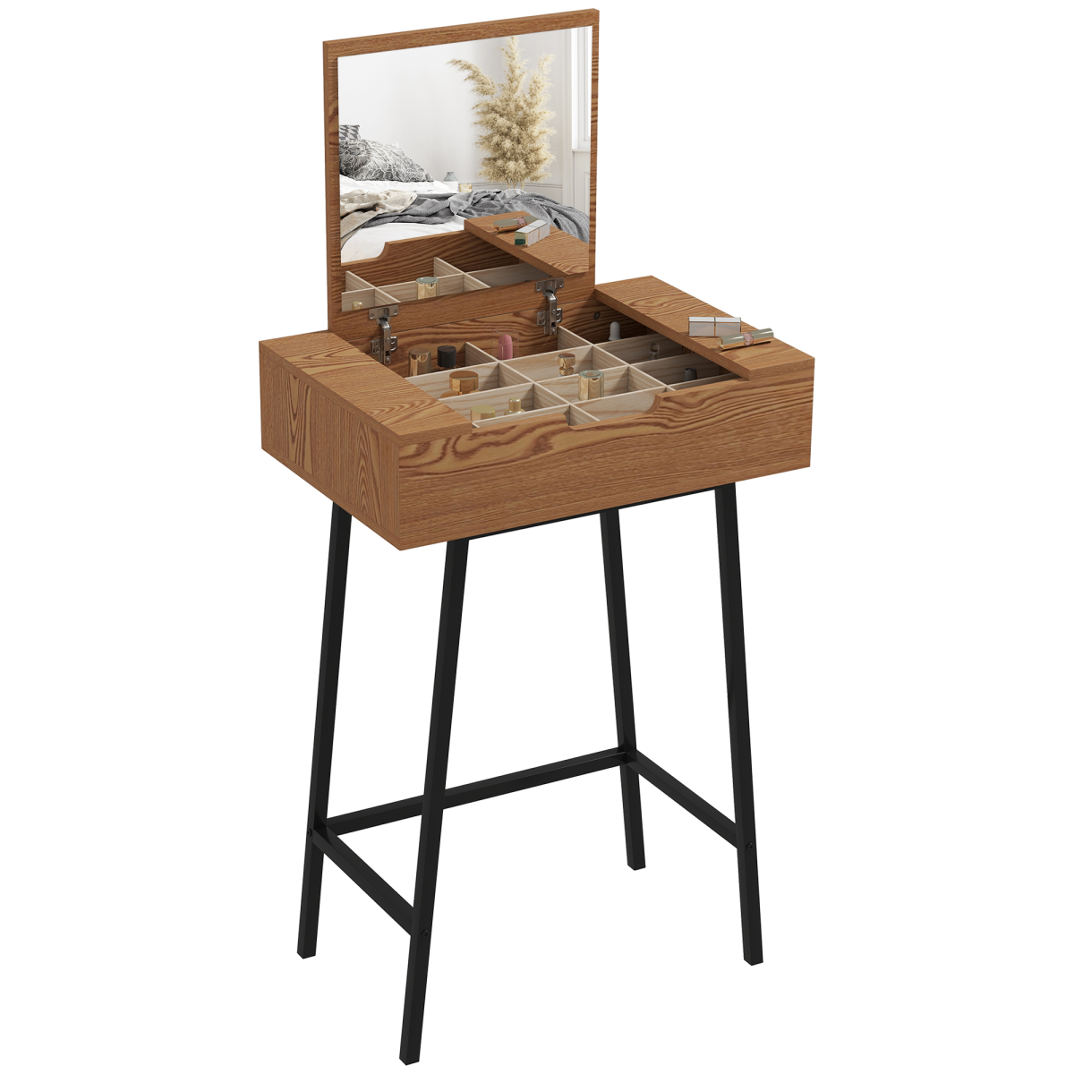 Industrial Vanity Desk with Mirror & Steel Legs - Natural Wood Effect