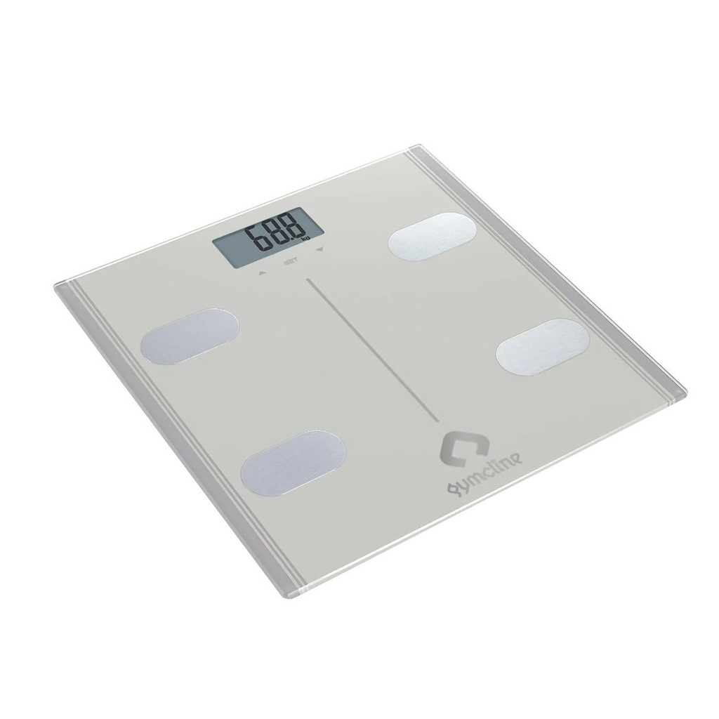 Silver Gymcline Body Analysis Scale displaying BMI report and daily calorie intake guide on a flat surface.