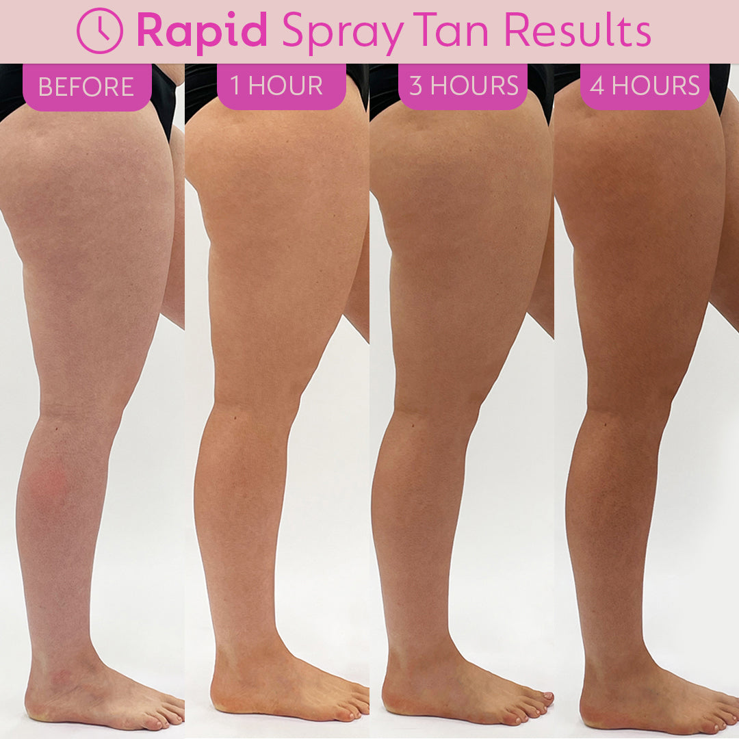 He-Shi Rapid 1 Hour Spray Tan 1L bottle showcasing medium to dark tanning solution with no smell.