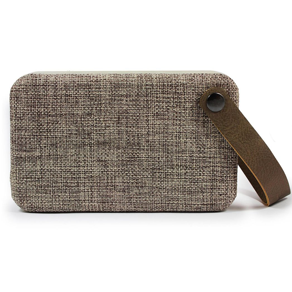 Brown Fabric Bluetooth Portable Speaker by Soundz, showcasing a sleek design and intuitive controls.