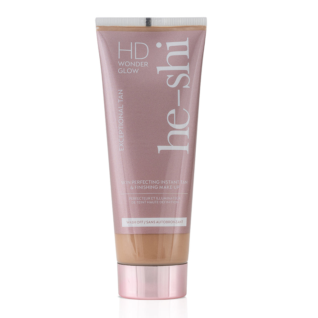 He-Shi HD Wonder Glow Body Make Up in a bottle, showcasing a luminous, bronzed skin effect for a natural glow.
